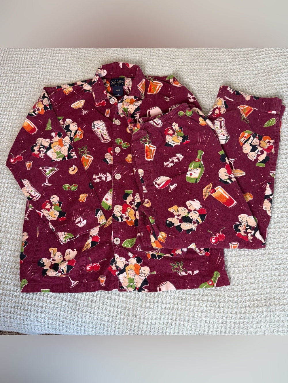 Vintage Y2K Nick & Nora Flannel Pajama Set Medium Cocktail Champagne Bloody Mary